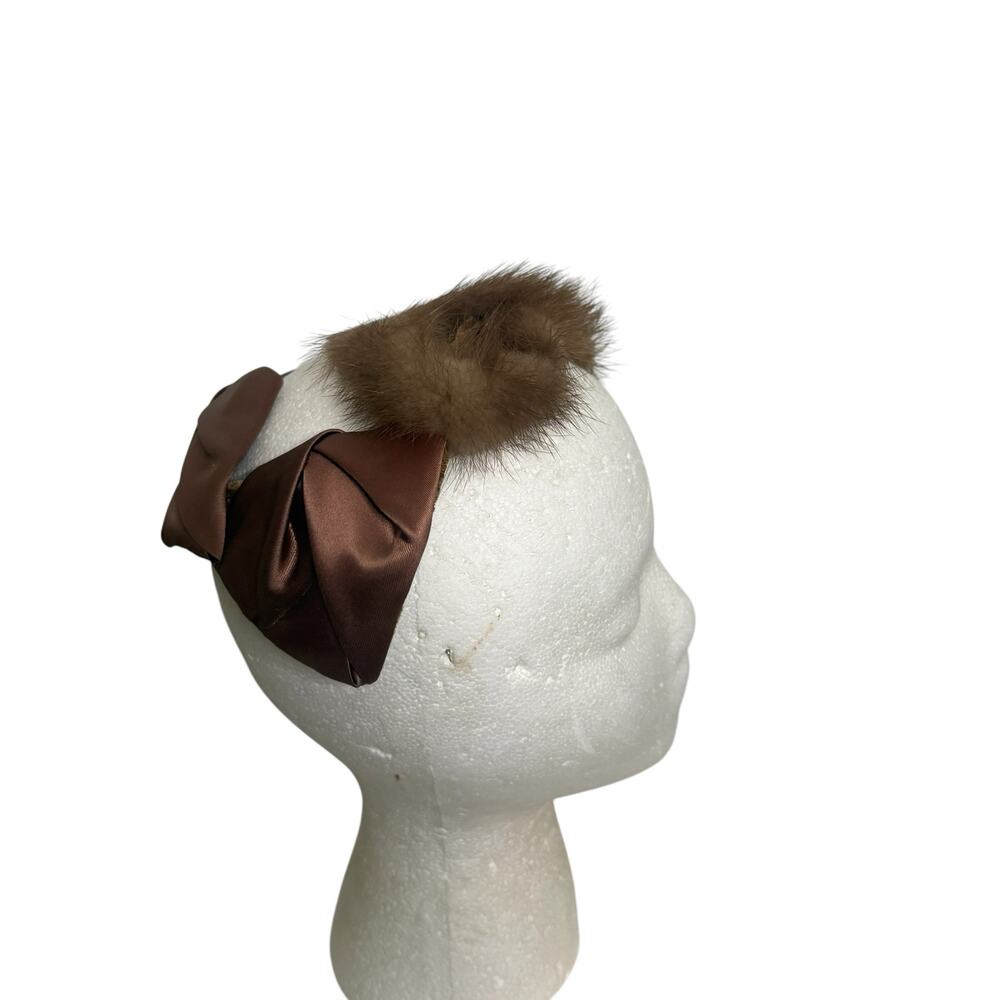 1940s Mink Fur Satin Fascinator Hat Brown Vintage Mob Cap Pinup Retro - Picture 8 of 8